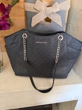 Michael Kors Black Signature Chain-Handle Tote with Silver Hardware
